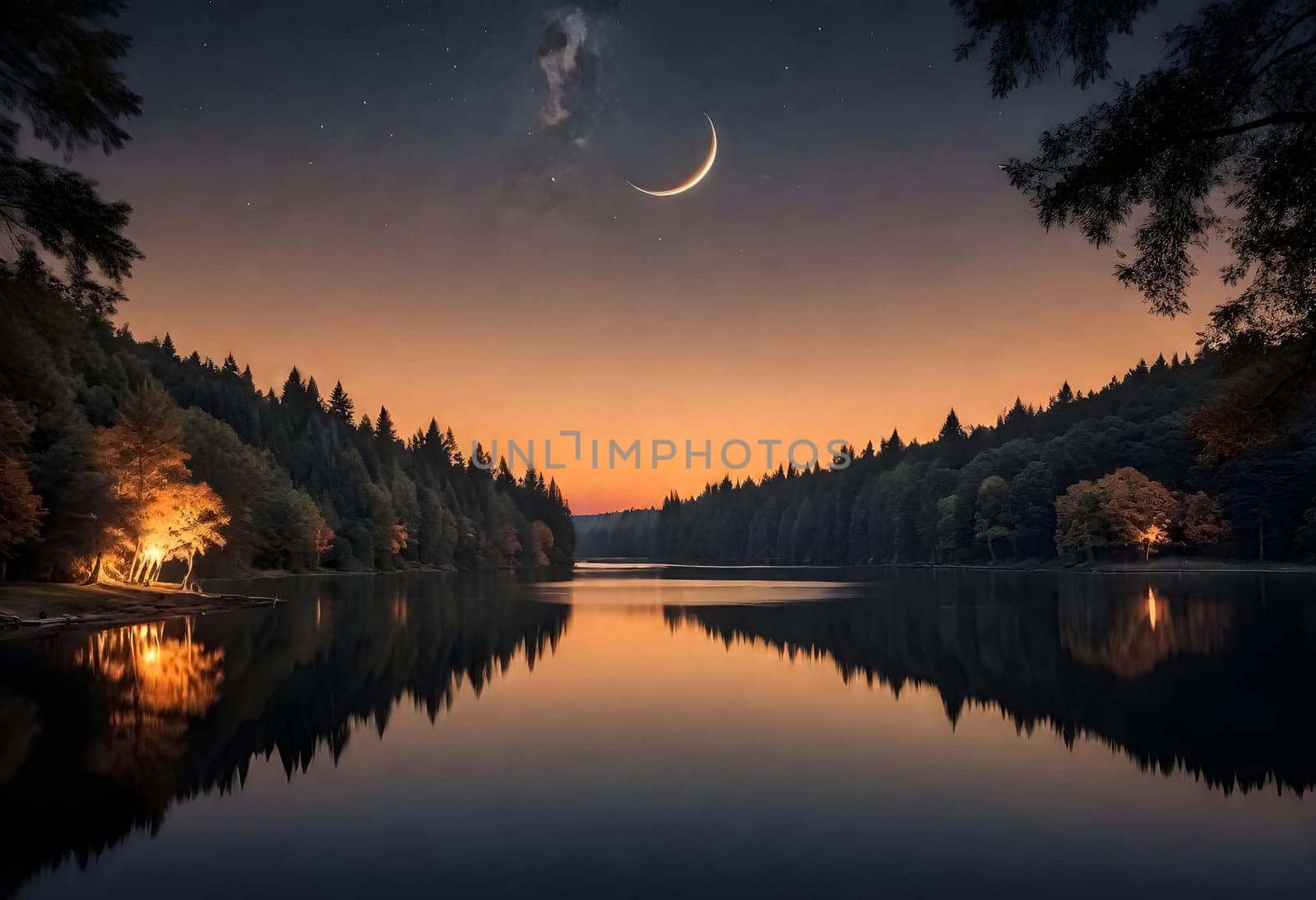 AI generated of a lake with a crescent moon in the sunset sky