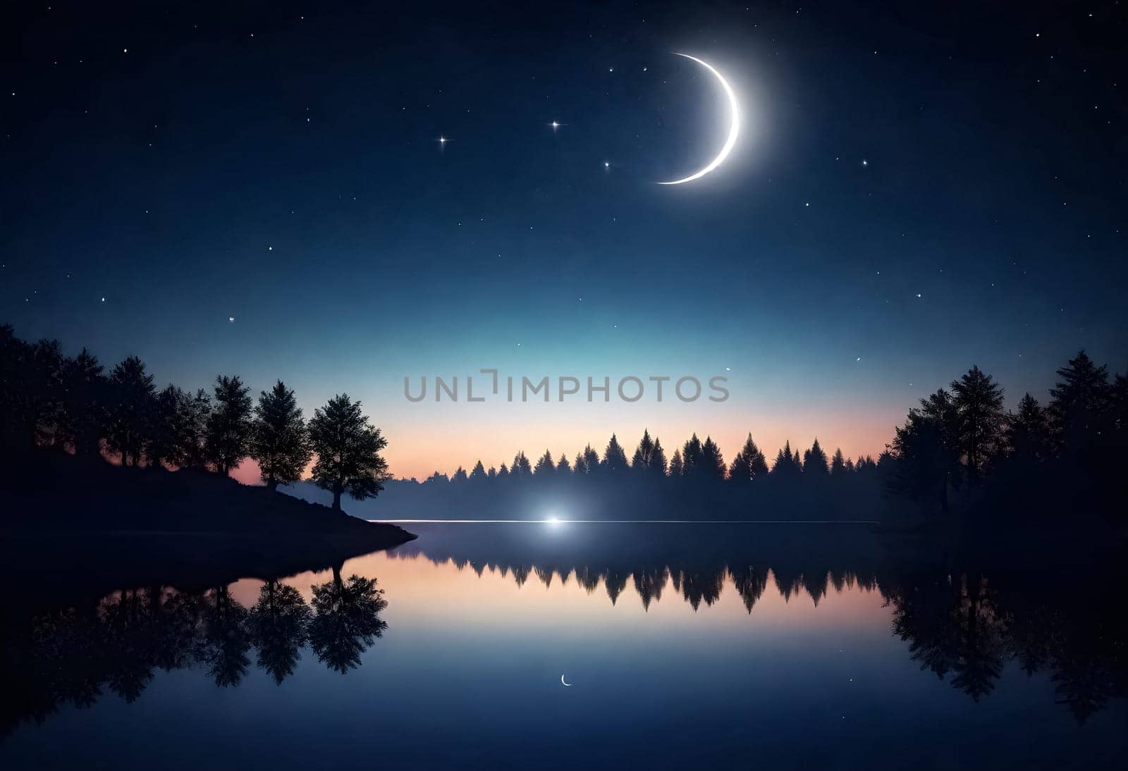 AI generated of a crescent moon shining and a tree are reflected in the water on night background