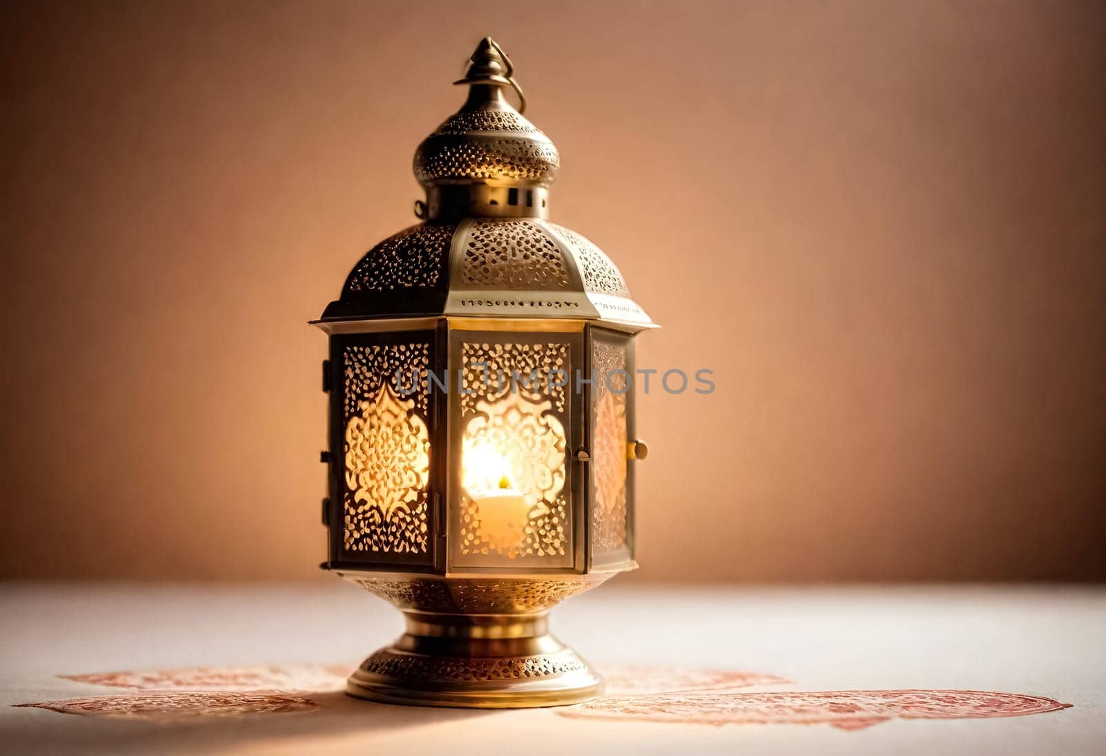 AI generated of a lantern with a candle on the table with empty space background