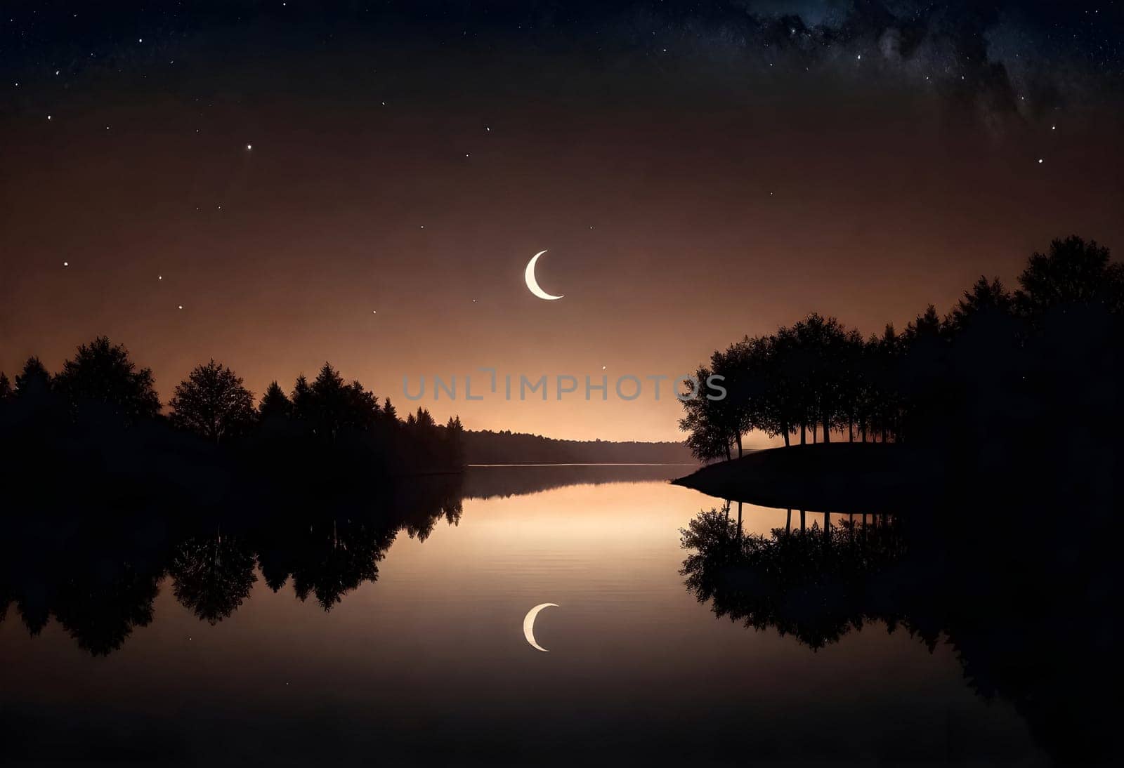 AI generated of a picture of a crescent. moon and trees with a sunset in the background