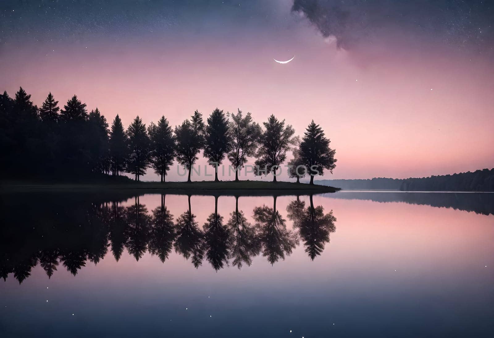 AI generated of a sunset with a moon and trees in the background