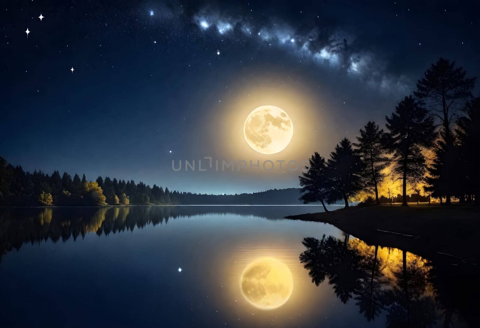 AI generated of a full moon is reflected in the water and the moon is shining