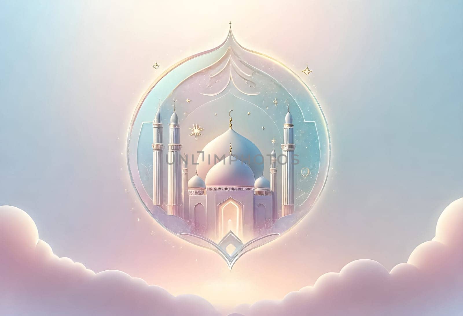 AI generated of a blue mosque with a pink sky and a blue background