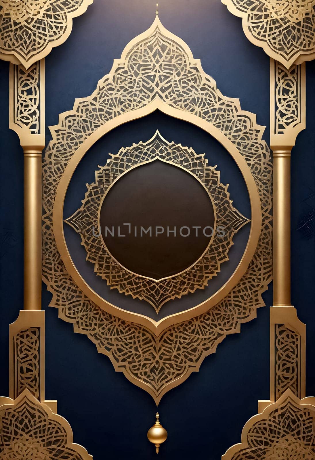 AI generated of a gold and black mirror with a gold frame and a round mirror with islamic ornaments