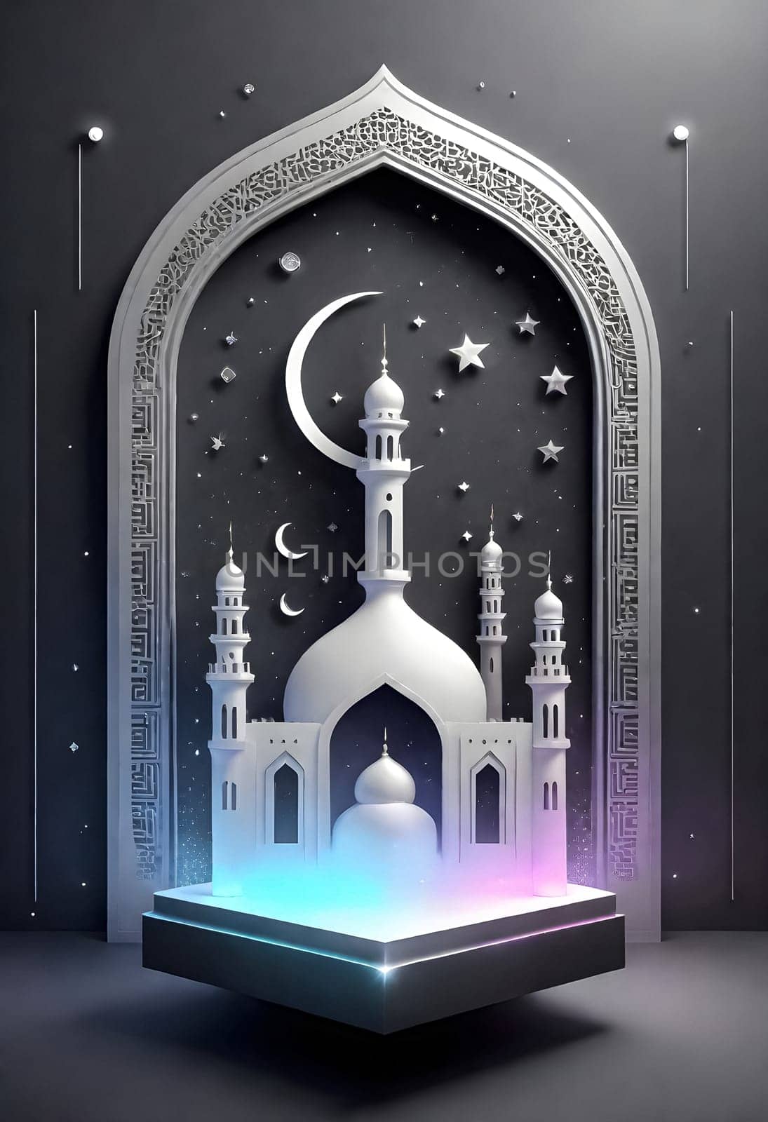 AI generated of a mosque with a crescent moon and stars on a black background