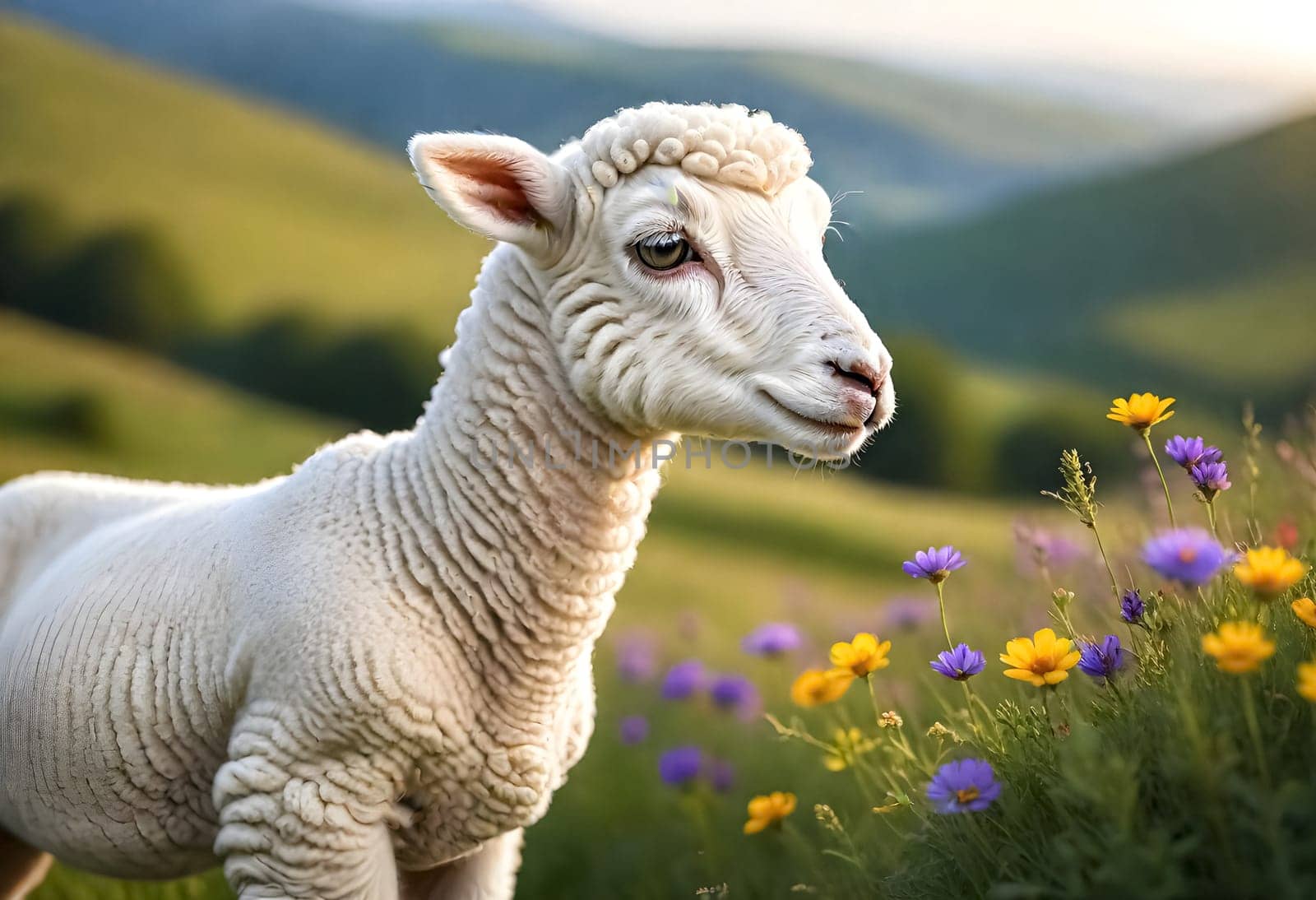 AI generated of a sheep is standing in a field of flowers