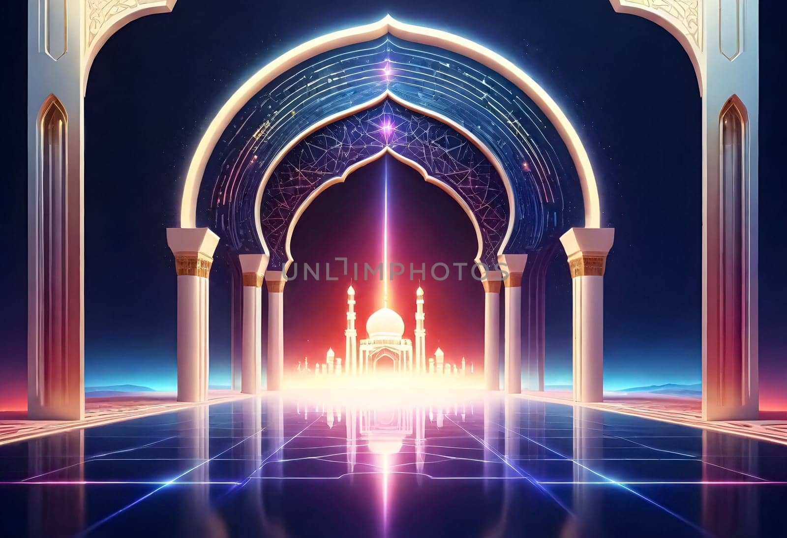 AI generated of a picture of a mosque with a blue background and a design of a mosque