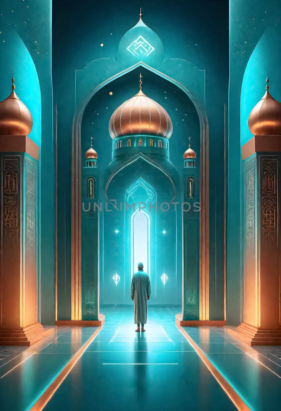 AI generated of a man in a room standing in front of a mosque with a blue background