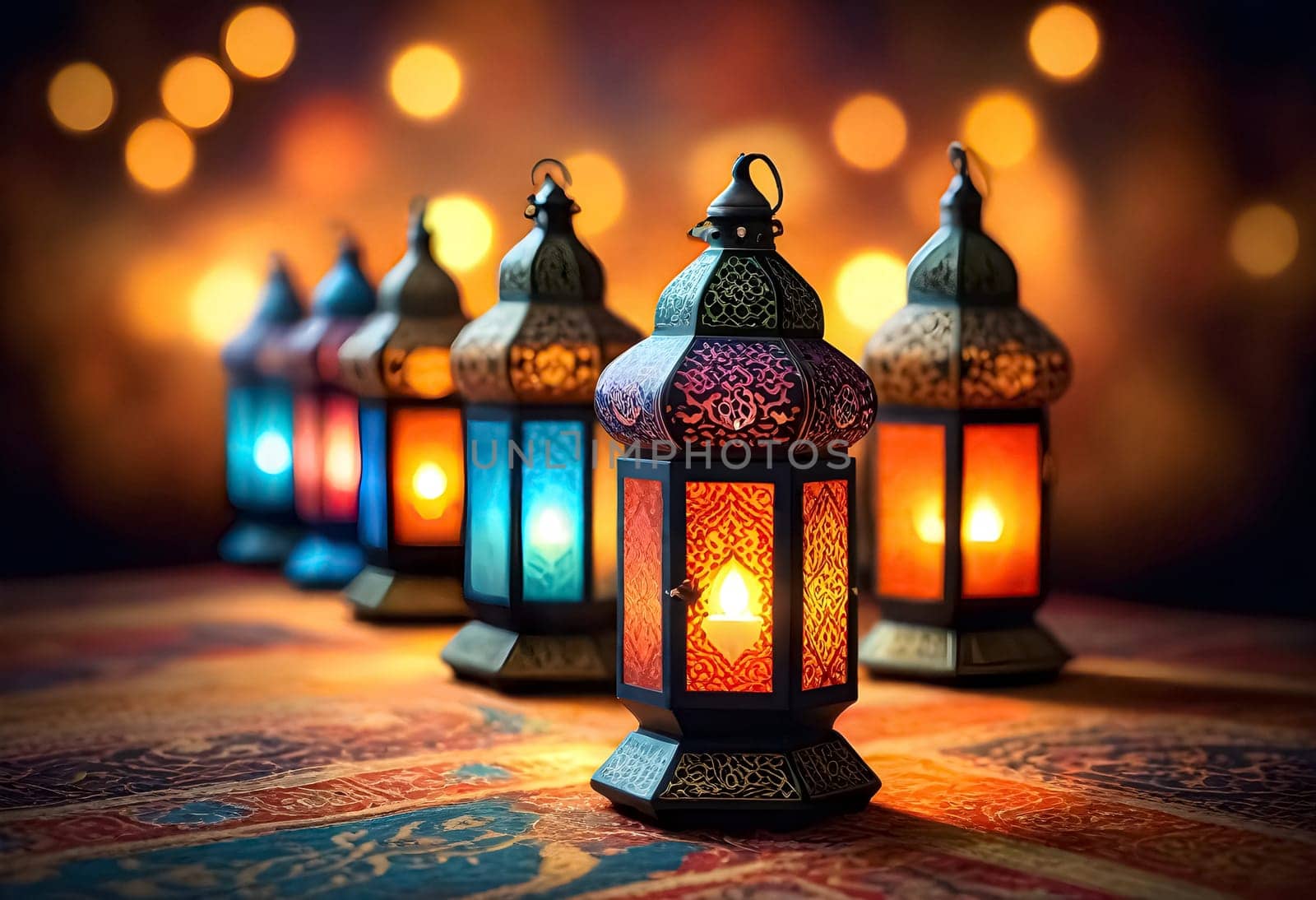 AI generated of a row of colorful lanterns with lights on the top and bokeh on the backcground