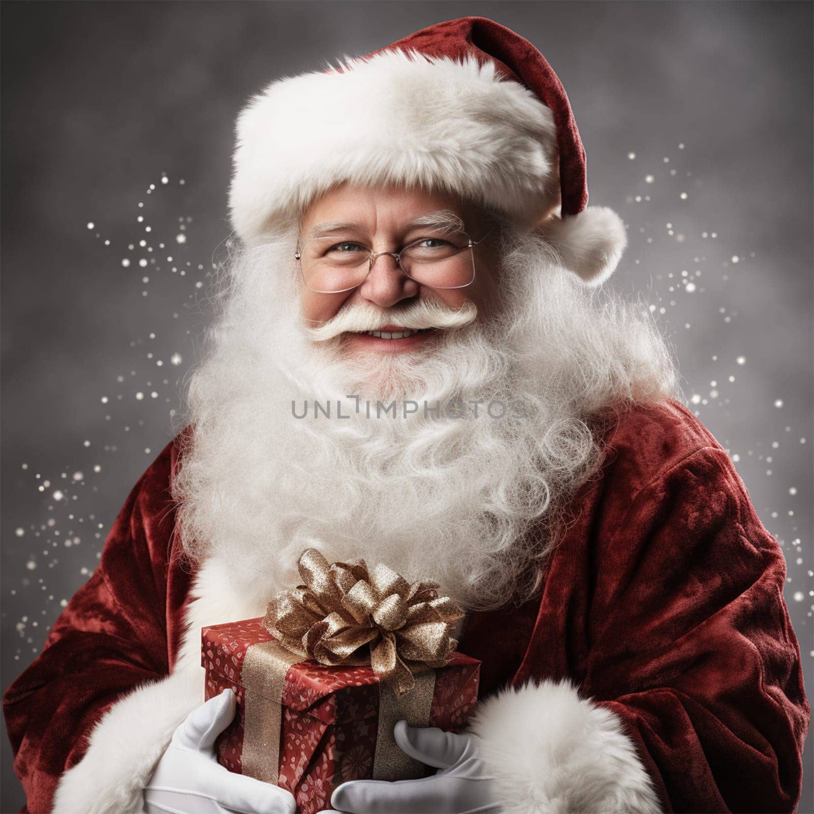 Portrait of Santa Claus smiling joyfully, holding a gift with a golden bow, with copy space.Holiday advertising, greeting cards, holiday decorations.