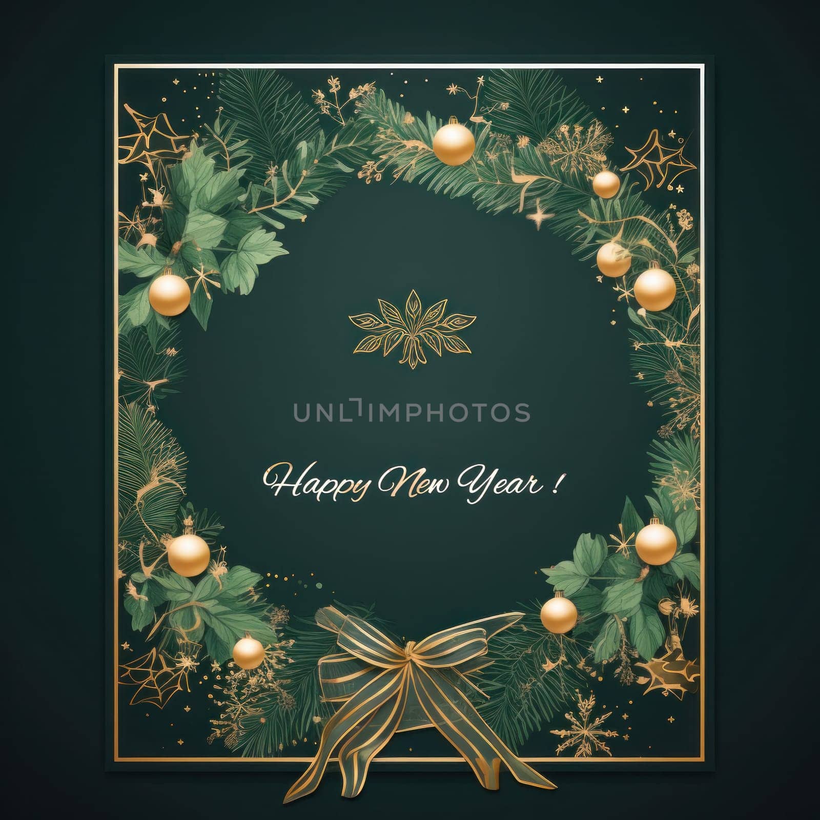 A festive New Year's card framed with gold ornaments and baubles with plenty of copy space.New Year cards, party invitations, seasonal decorations