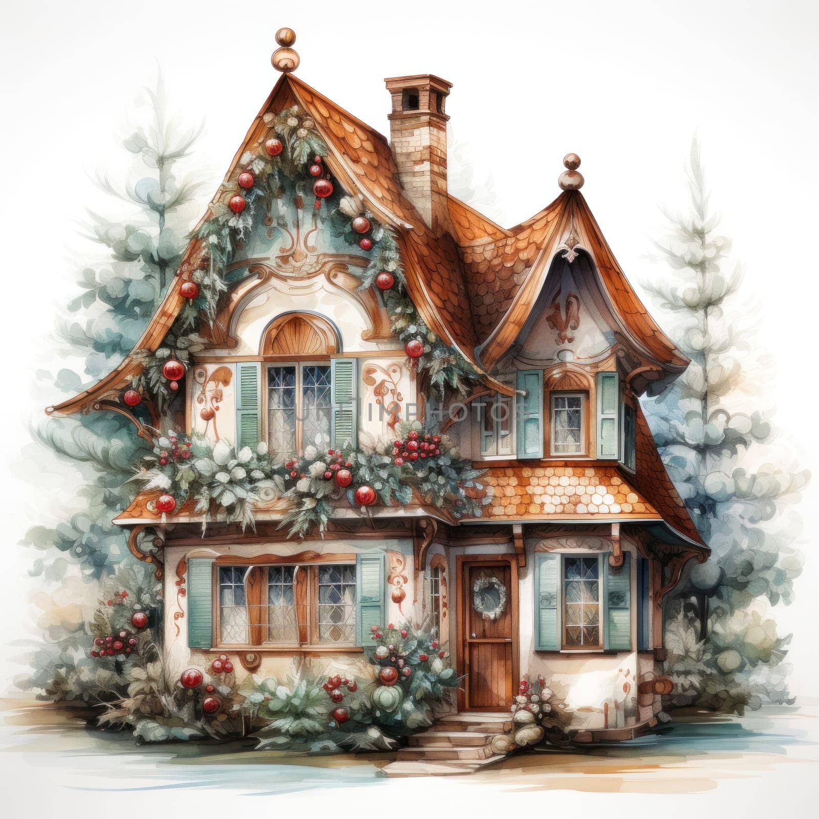 A charming illustration of a holiday-themed cottage set amidst a snowy landscape.Greeting cards, holiday illustrations, holiday wallpaper.