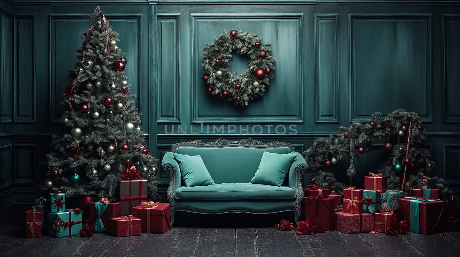 Christmas interior with decorated Christmas tree and gifts.Interior design displays, vacation home decor ideas, seasonal advertising.