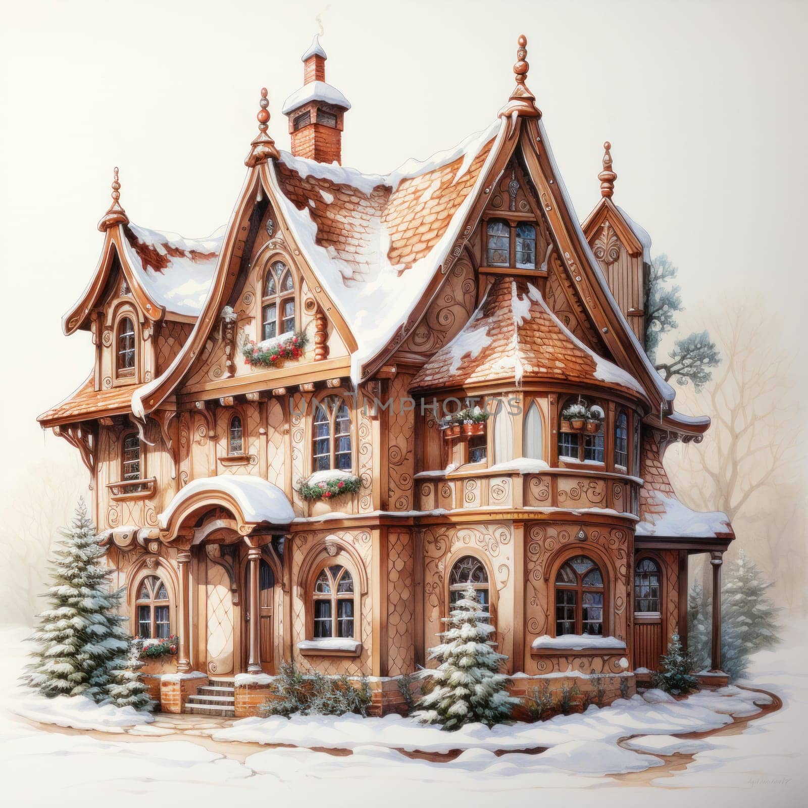 cozy house covered with snow on a white background, illustration in watercolor style. Christmas elements.
