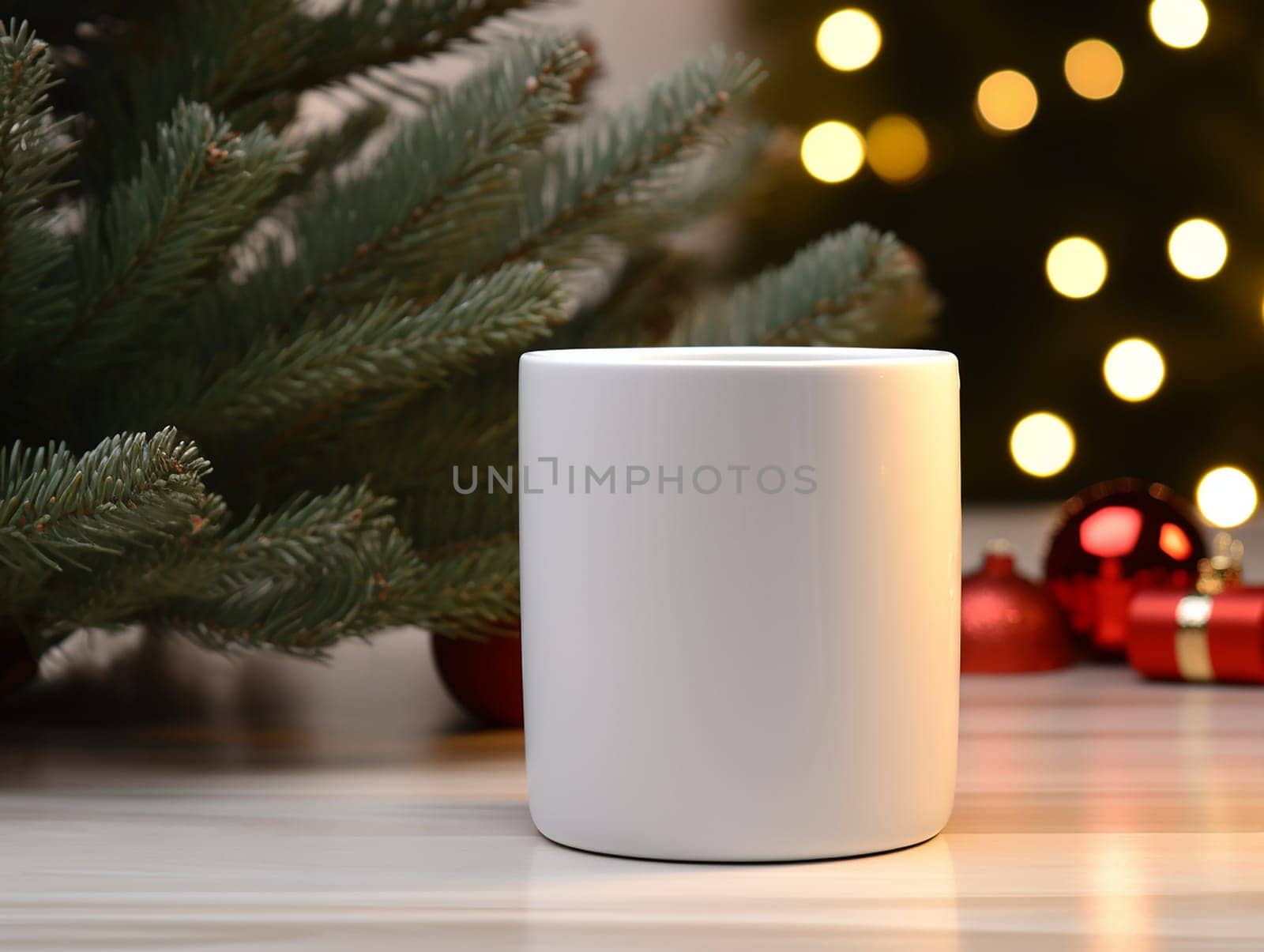 A blank mug in a festive setting with Christmas tree and lights, offering a perfect mock-up opportunity.Close-up of a ceramic cup for advertising and design for New Year and Christmas.