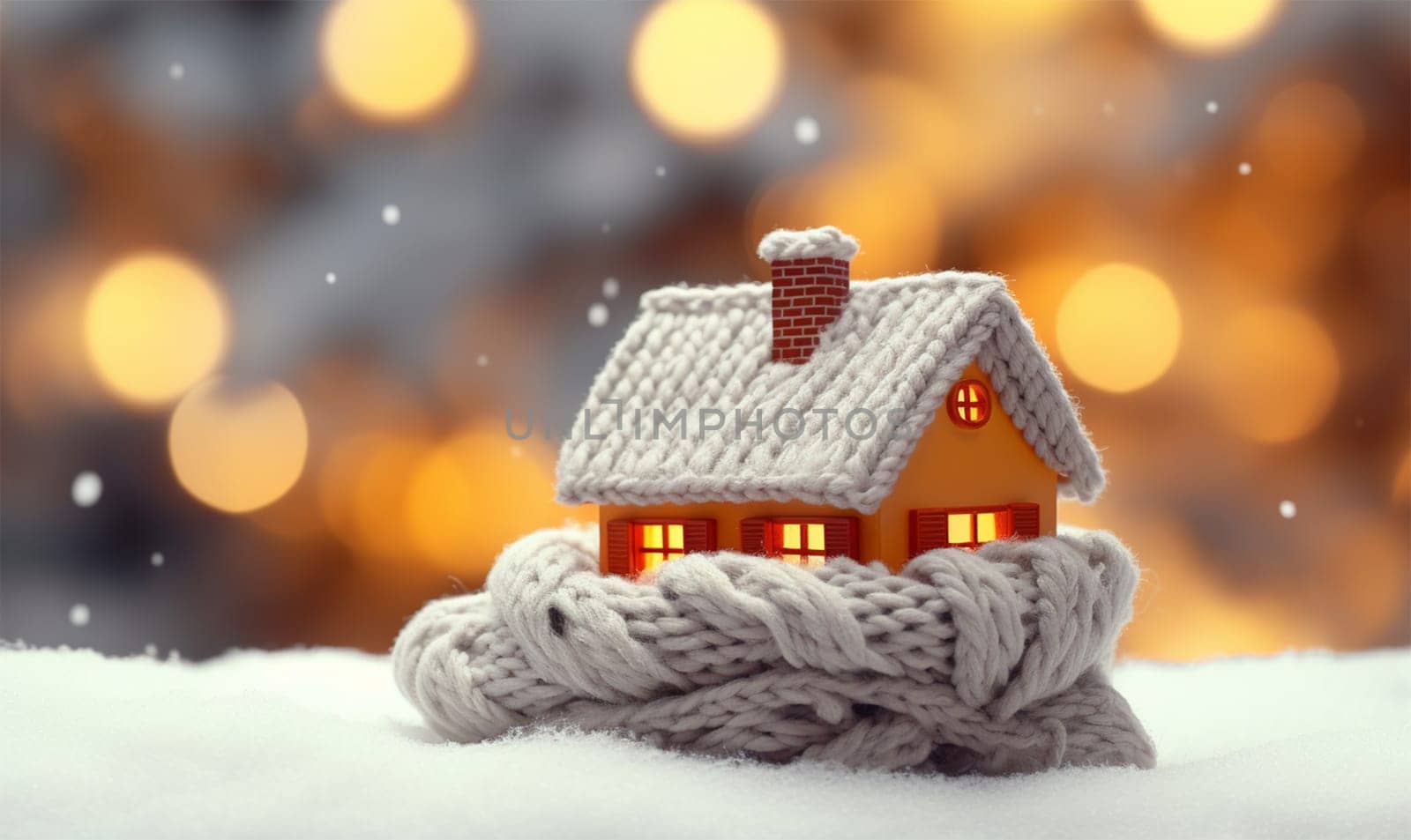 A charming miniature house wrapped in a knitted scarf against a sparkling bokeh light background..copy space