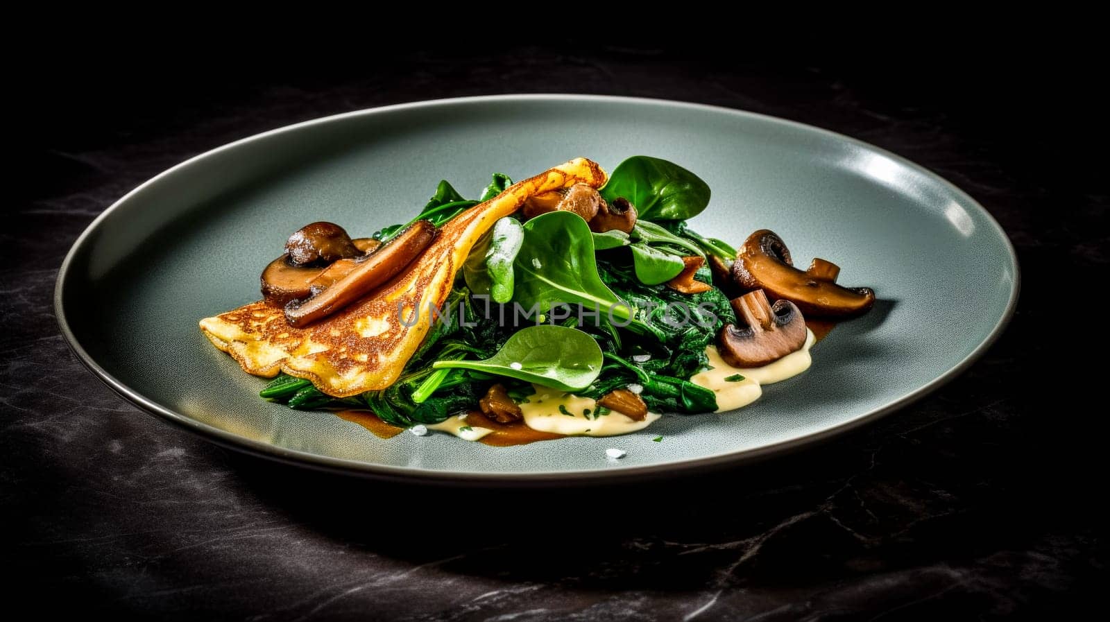 Plate with mushrooms and herbs on a gray table