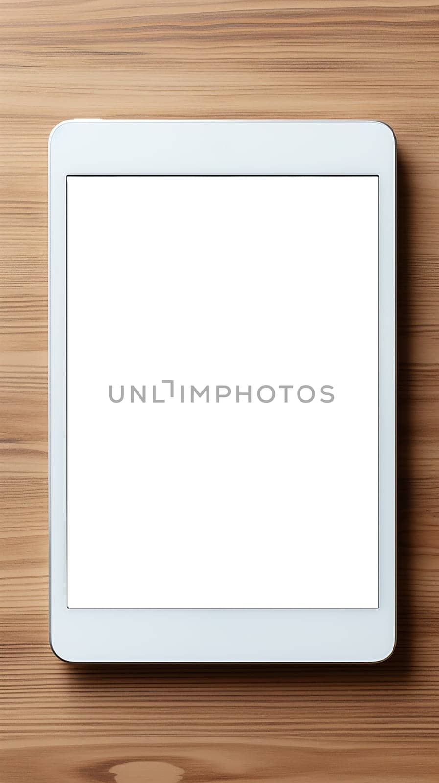 Blank white tablet screen with a wooden background, providing a great layout space.