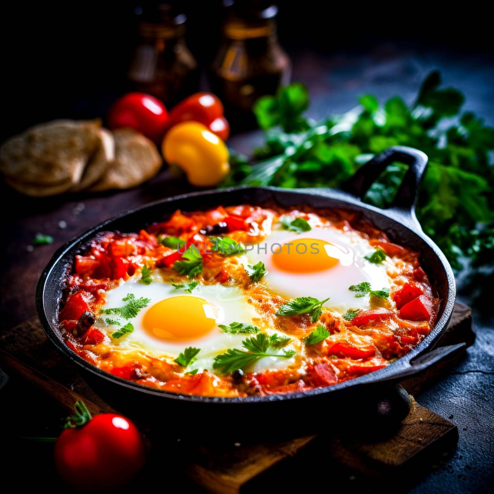 Frying pan with eggs and tomatoes on a wooden table