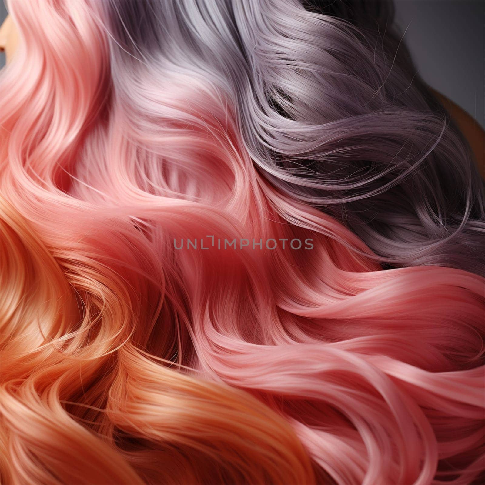 An artistic close-up of flowing hair with a beautiful gradient from pink to gray, showing a modern style.Beauty and fashion content, beauty salon marketing, hair product advertising.