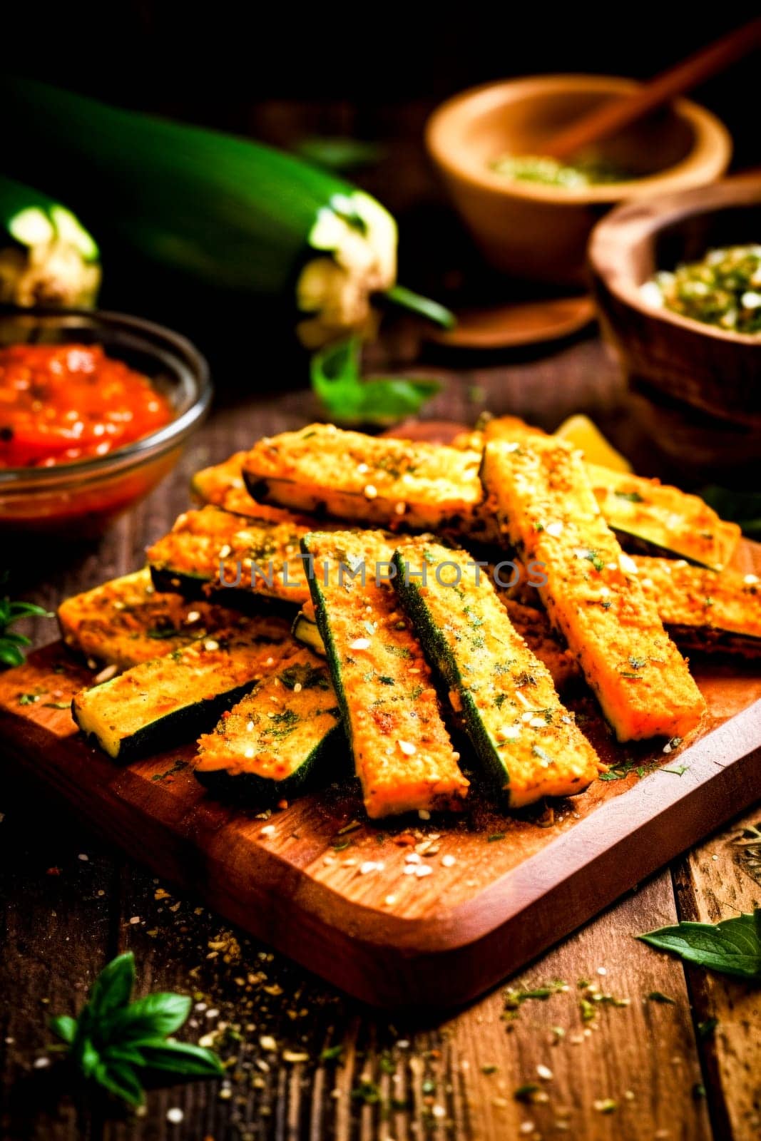 A wooden cutting board on which zucchini sticks and other ingredients are arranged.