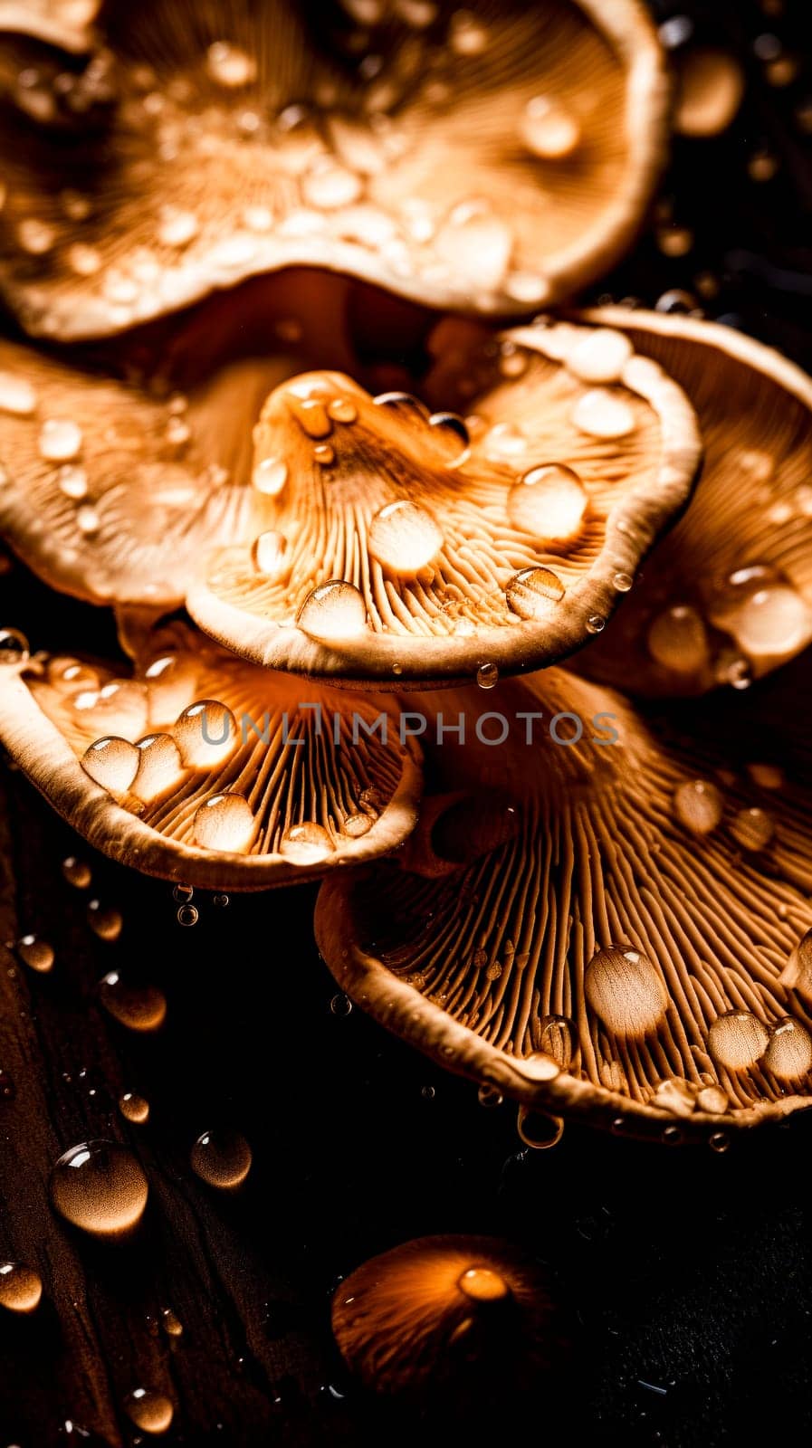 Close-up of mushrooms with water droplets on them,vertical background