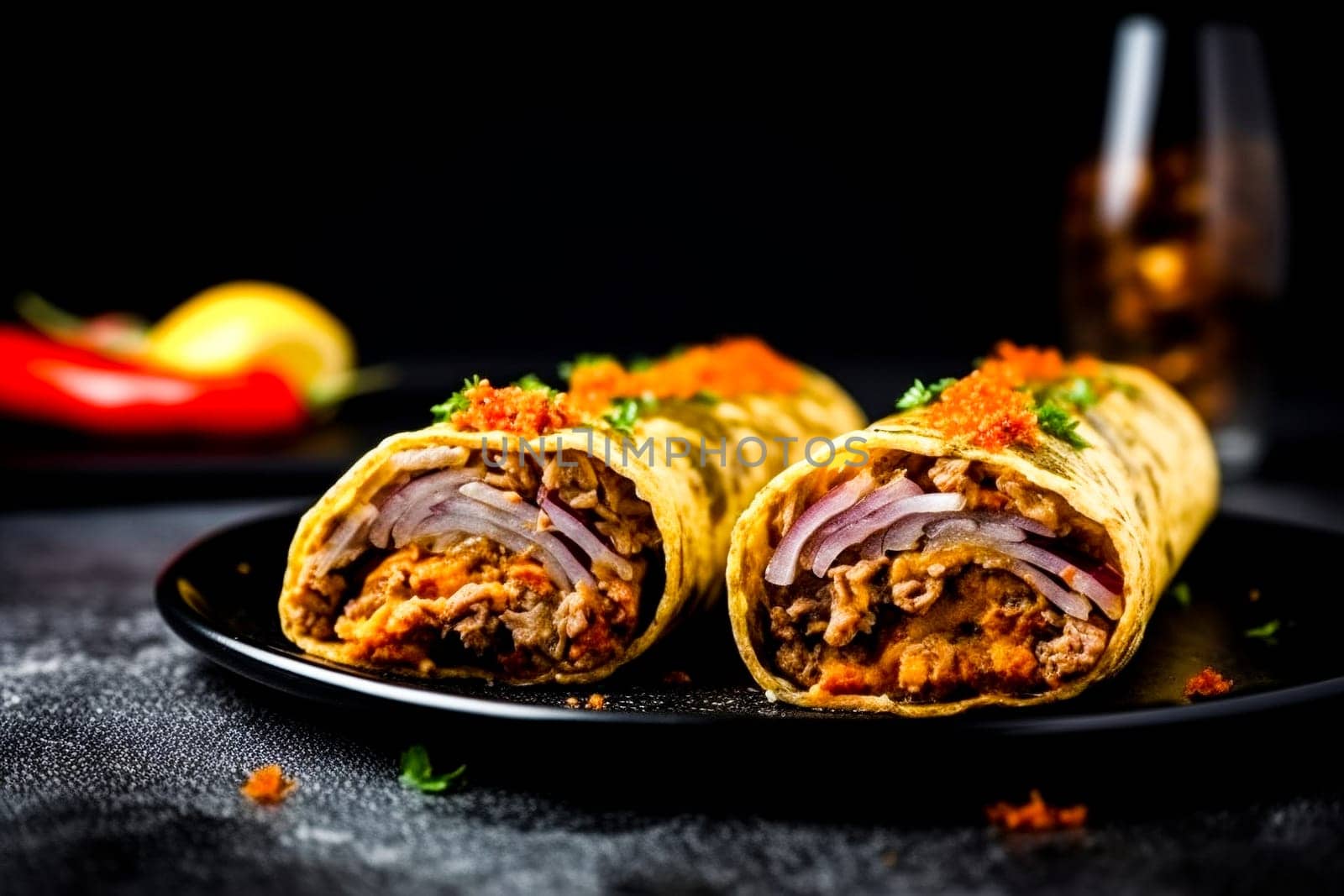 Two burritos on a black plate with vegetables.