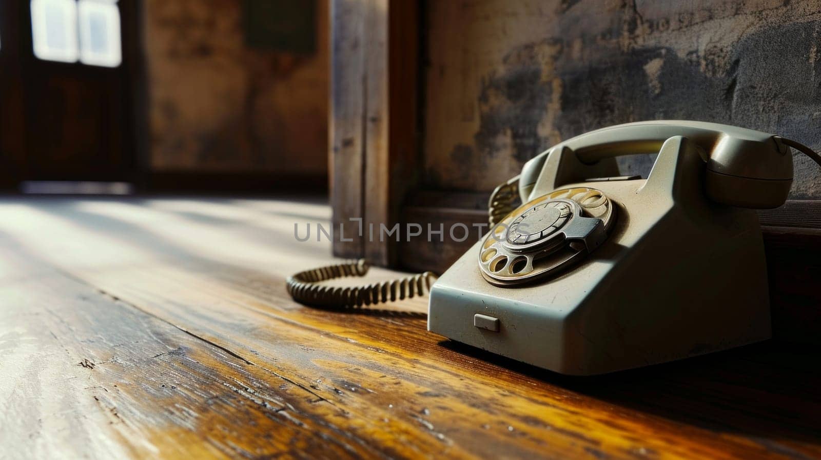 Vintage phone standing on wooden floor in dusty empty room.