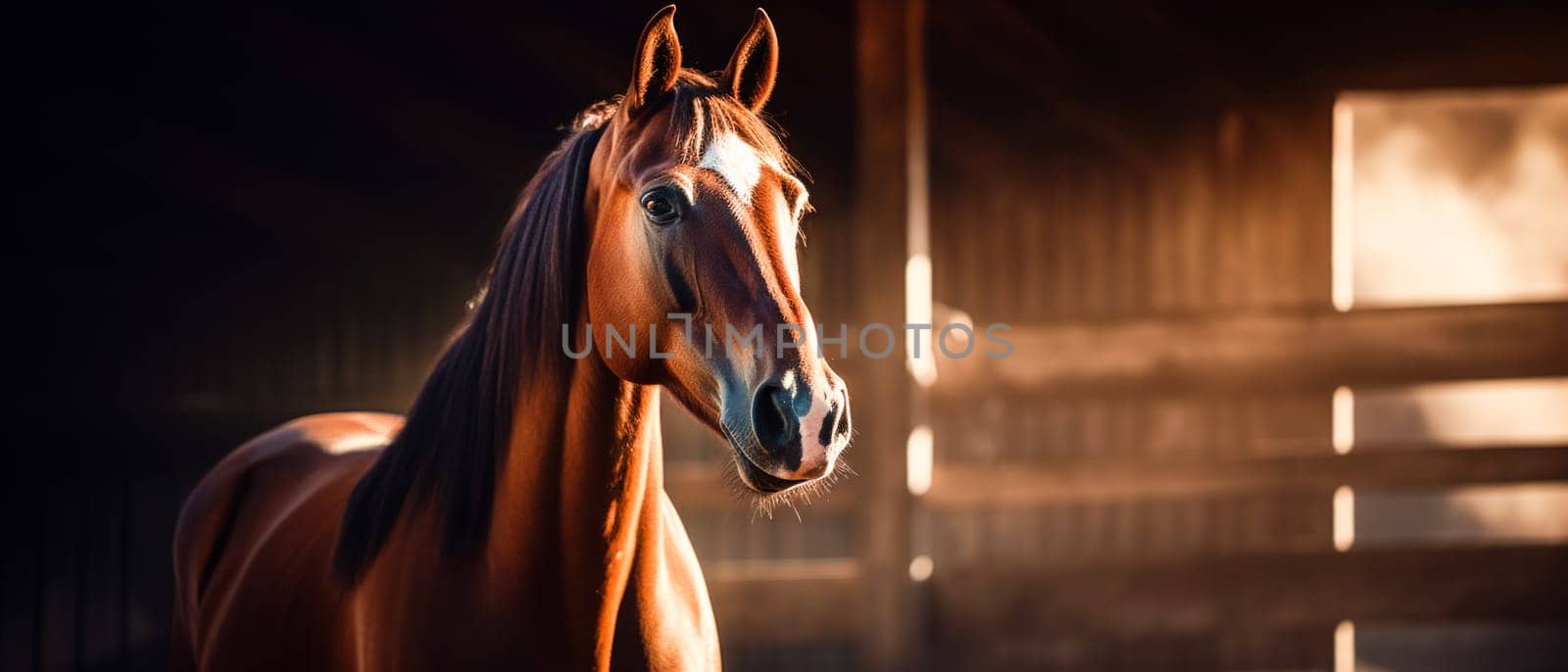 A horse standing in a stable on which the sun is shining.