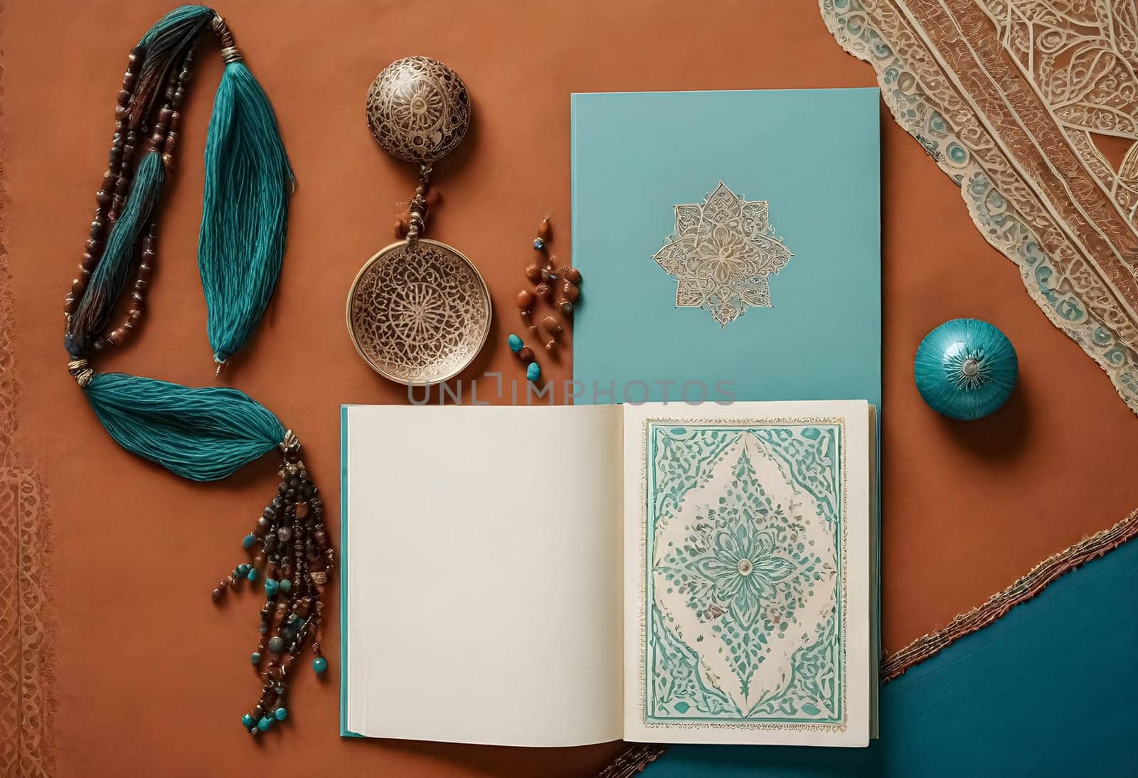 AI generated of a book with a blue cover with islamic calligraphy and ornaments