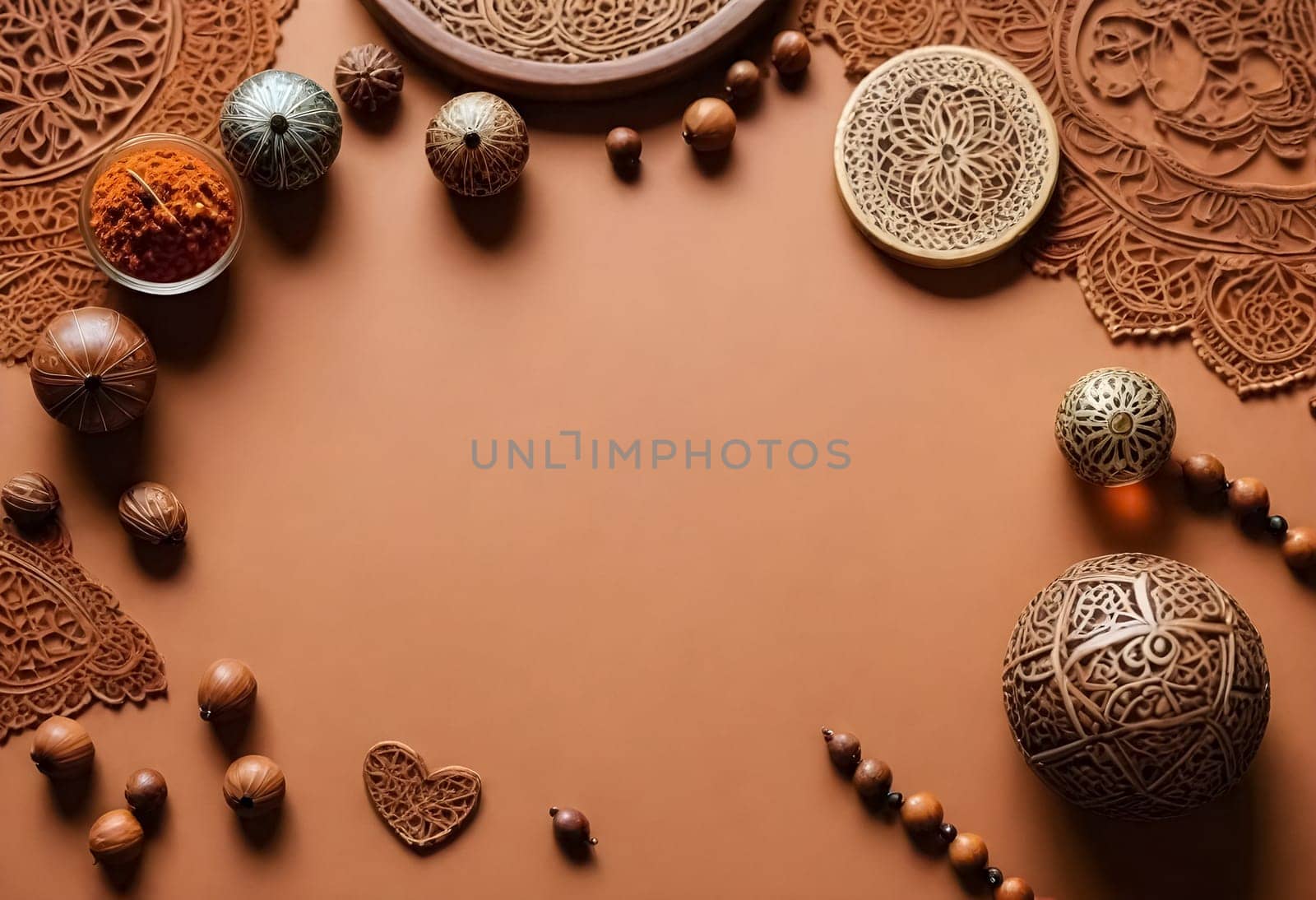 AI generated of a table with many different colored beads and a heart shaped object on it