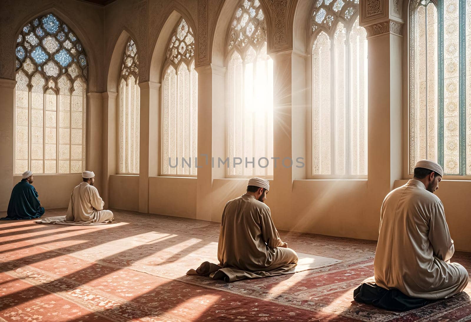 AI generated of four men sit in a mosque with the sun shining through windows