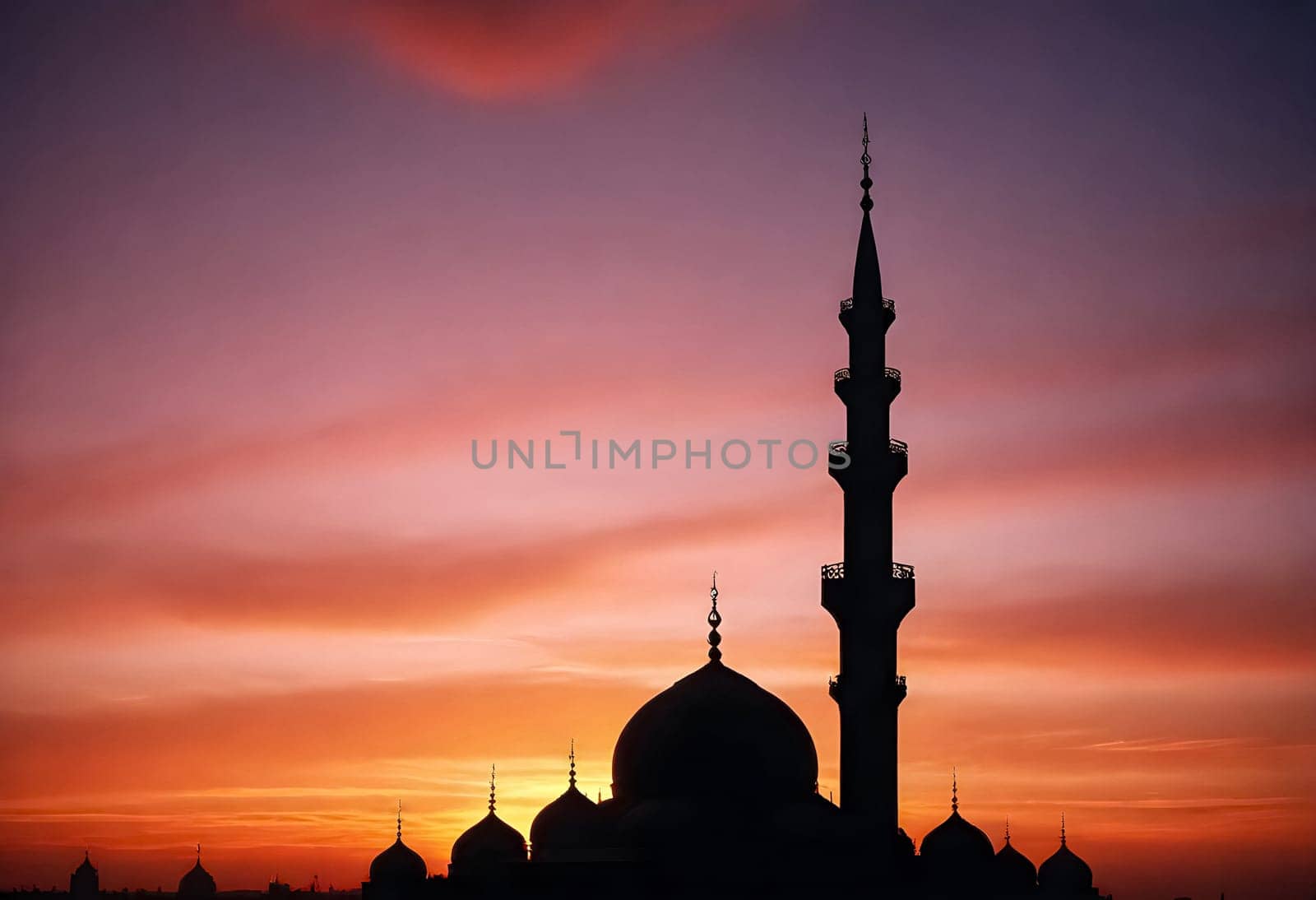 AI generated of a silhouette of a mosque in the sunset sky background