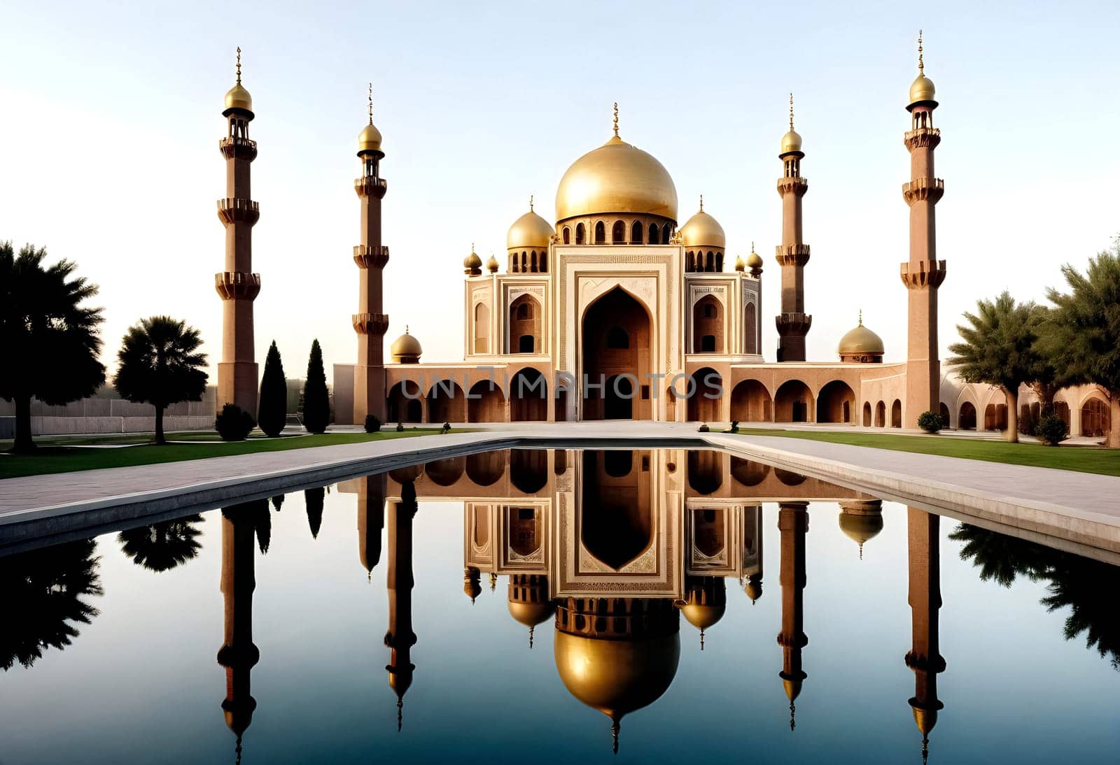 AI generated of a mosque on clear sky with a reflection of a mosque and sky in the water