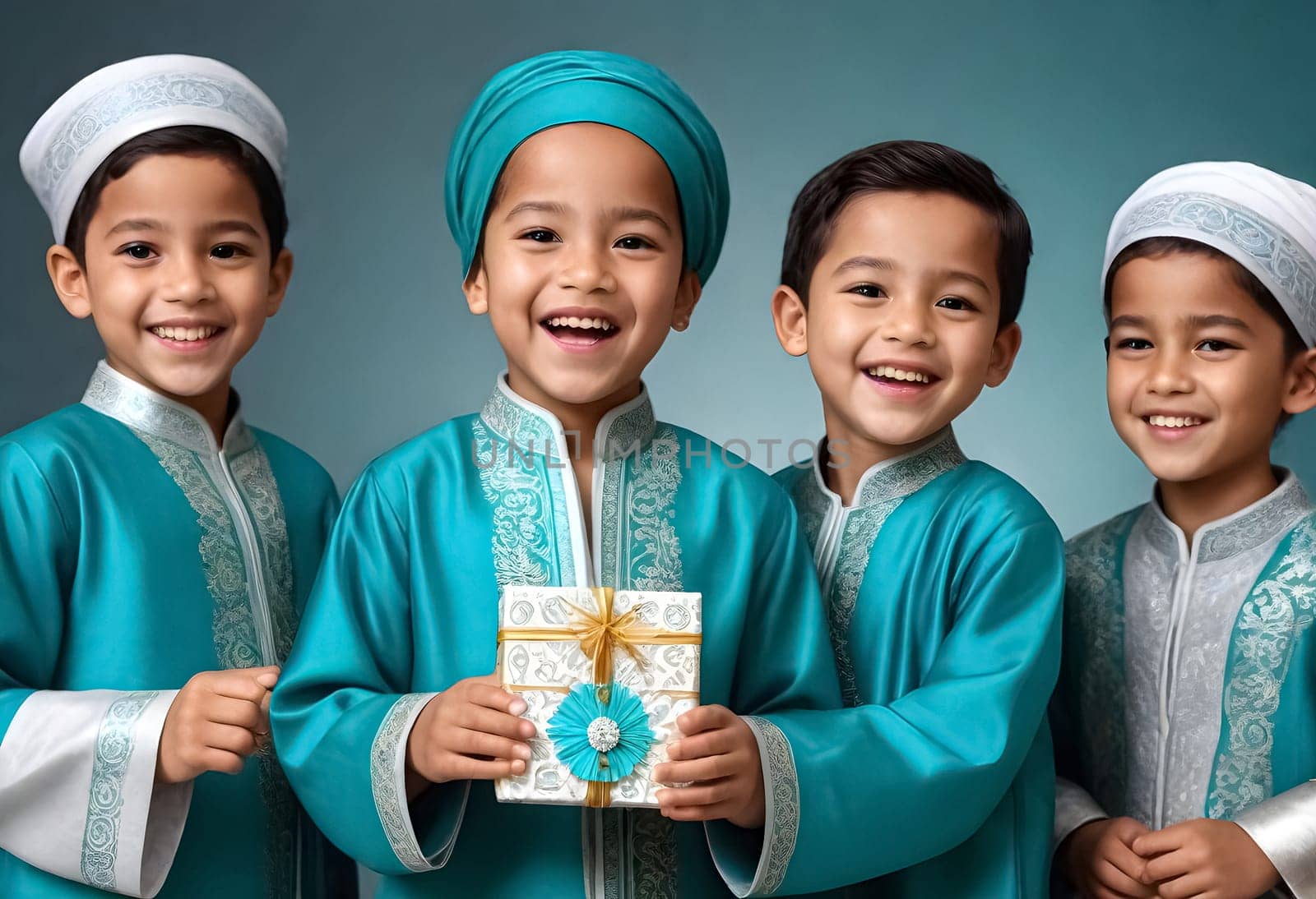 AI generated of four children holding up a sign on a pink background with islamic fashion