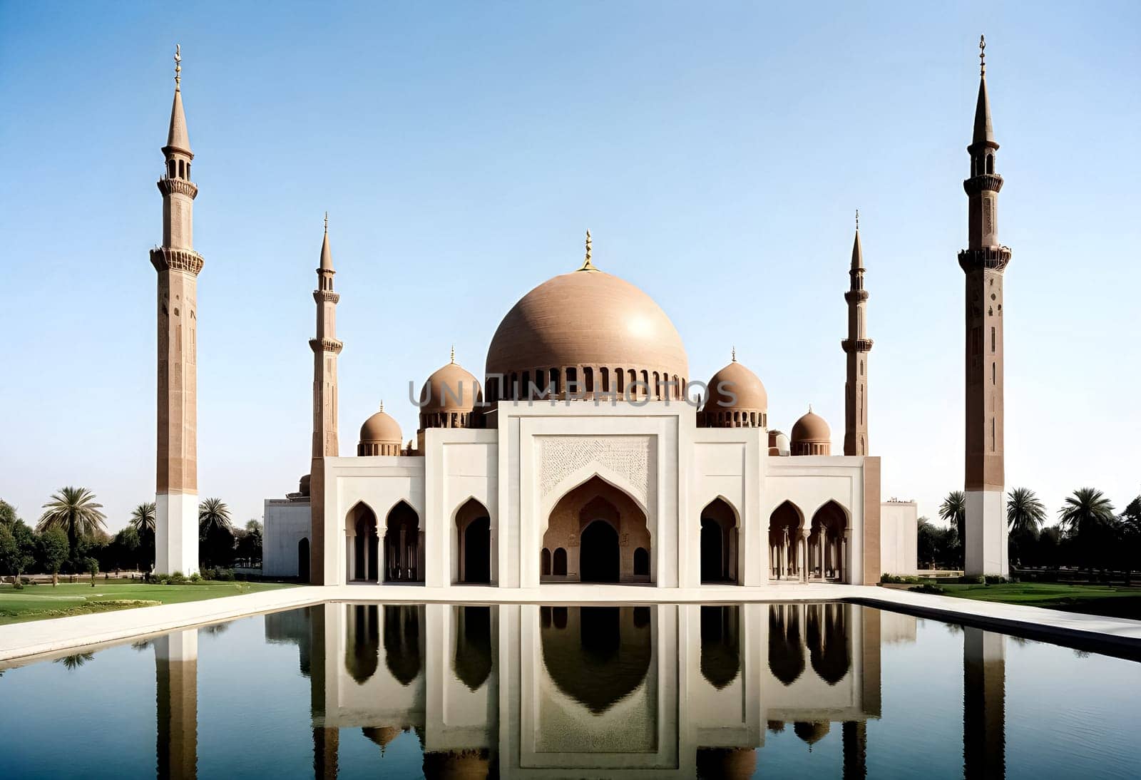 AI generated of a mosque with a reflection of a building in the water