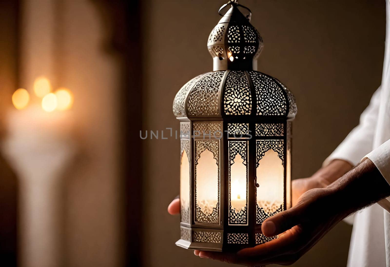 AI generated of a person holding a lantern in the dark with copy space background