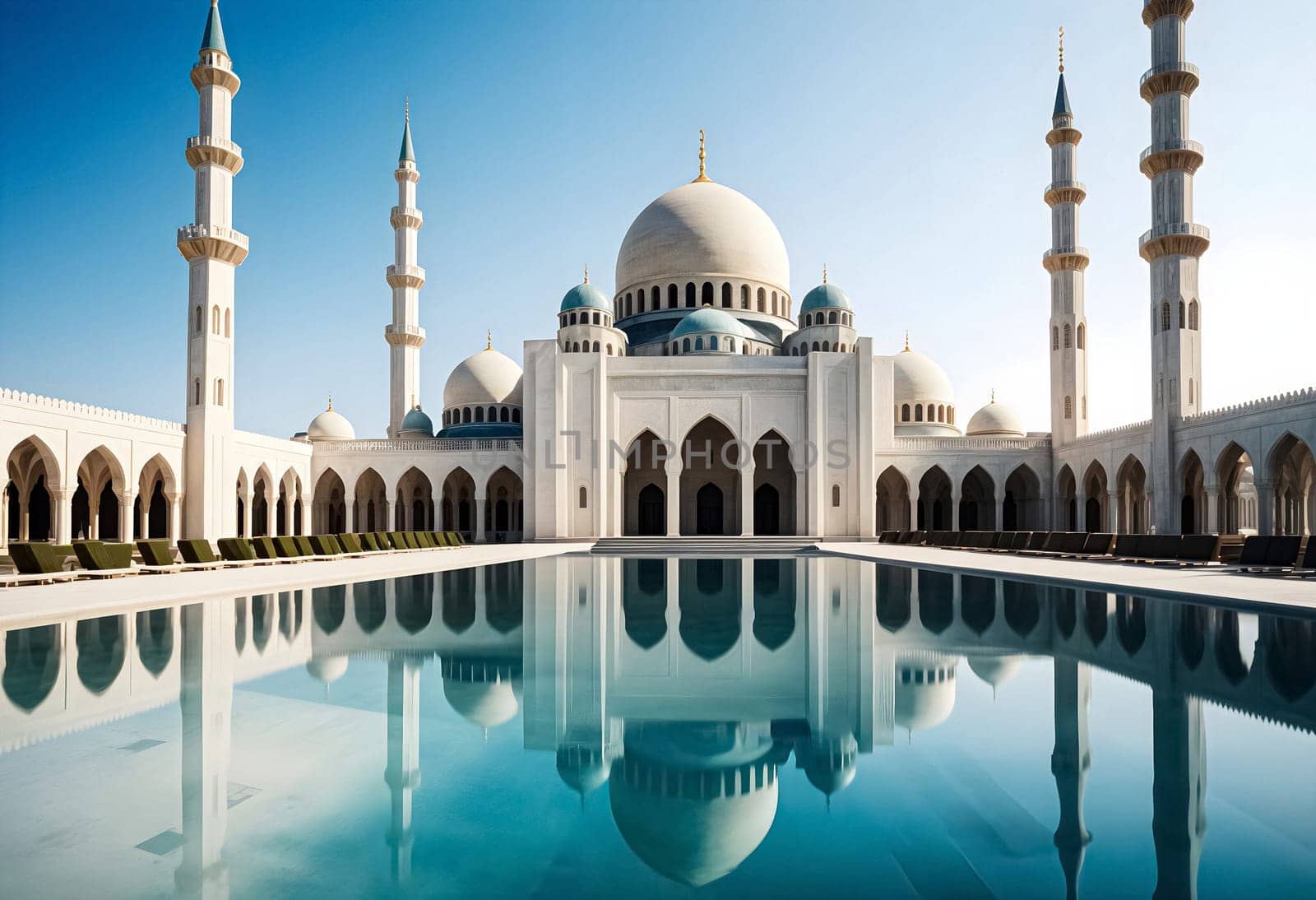 AI generated of a mosque with a reflection of the sky and the reflection of the building in the water