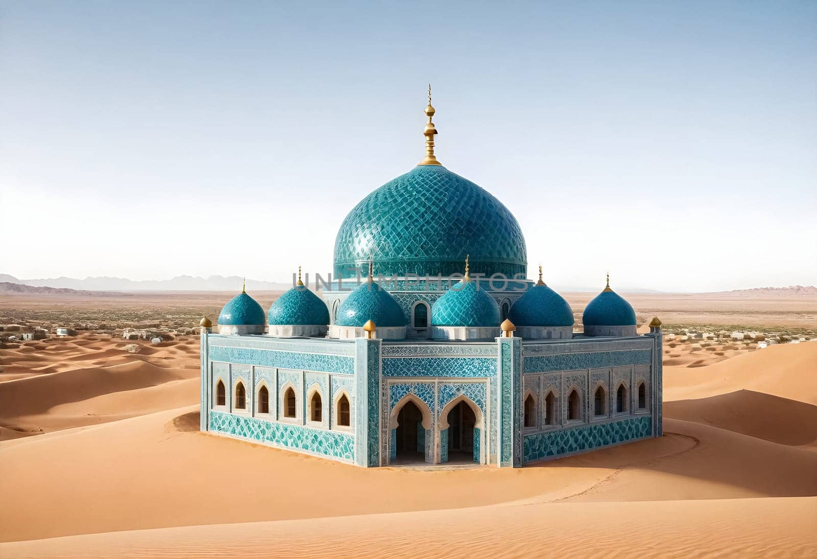 AI generated of a blue mosque in the desert with the dunes behind it. sheikh zayed mosque united arab