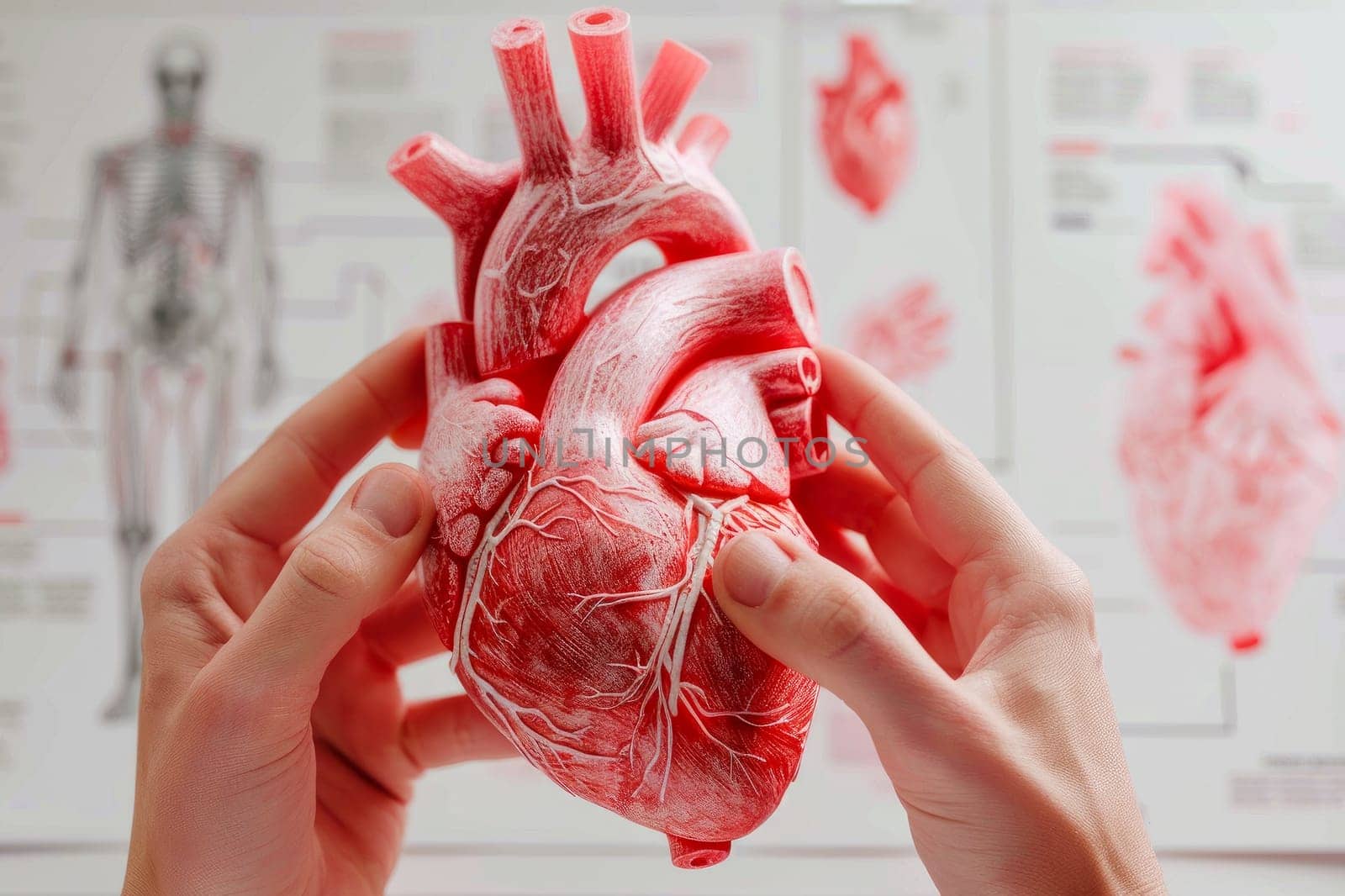Hands holding heart model, close-up view. Teacher demonstrating part of human body model with organ system for health student study in university. AI generated