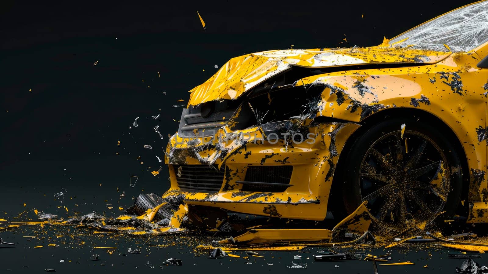 Front of yellow car get damaged by accident on the road. AI generated