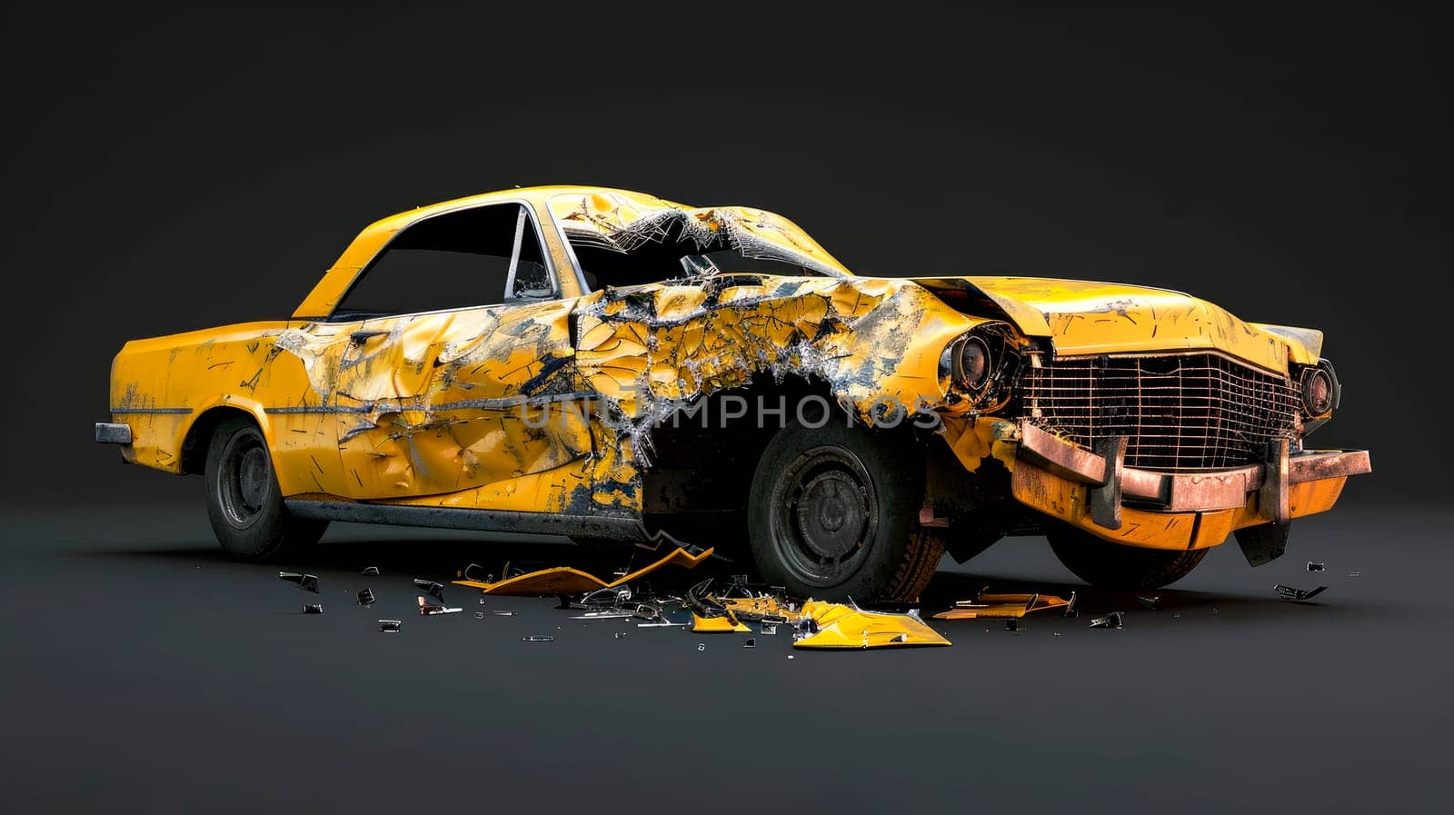 An yellow retro car get damaged by accident on the road. AI generated