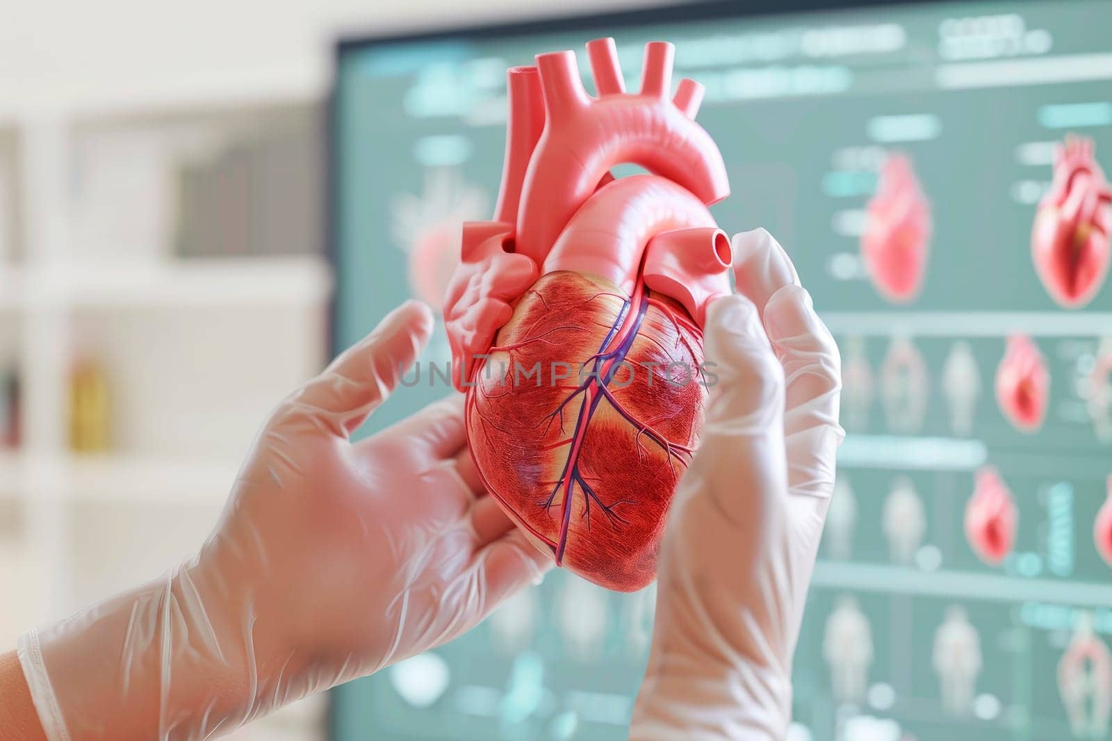Doctor holding heart model, close-up view. Teacher demonstrating part of human body model with organ system for health student study in university. AI generated