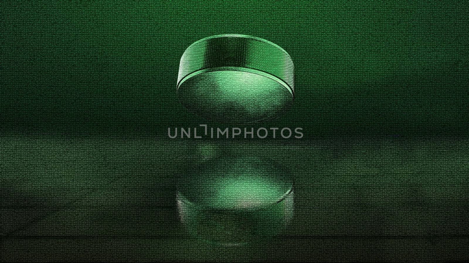 Abstract flying green hockey puck with its reflection