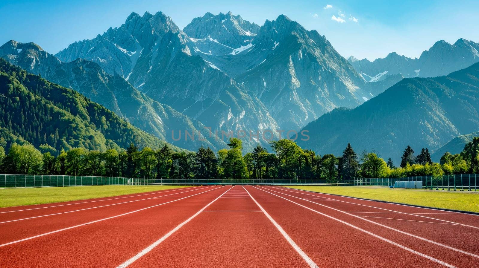 Empty red running track, on background mountain peaks are visible. Healthy life concept. AI generated