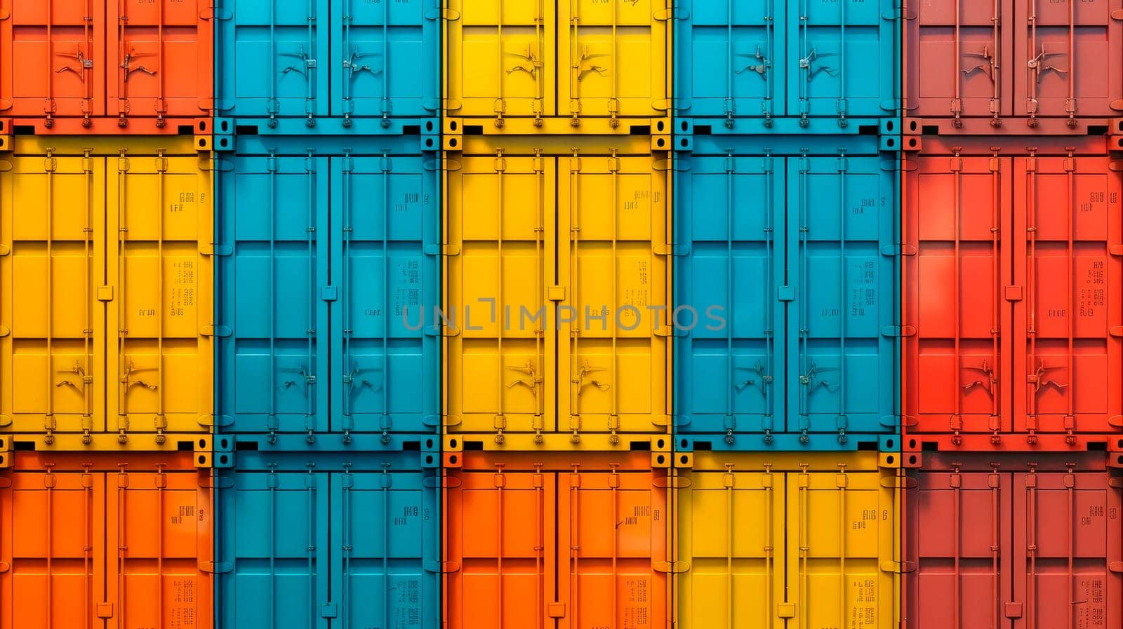 Stack of colorful containers box cargo in port shipping yard.Containers front view, logistic import export goods of freight carrier and transport industry concept. AI generated