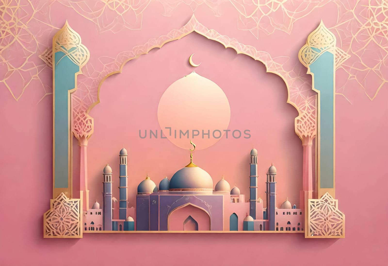 AI generated of a paper art of a mosque with a pink background and a blue mosque in the middle