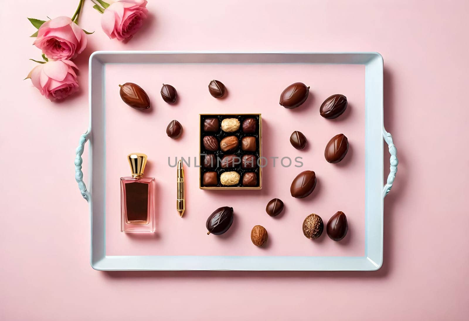 AI generated of a tray of chocolates and kurmas on a pink background