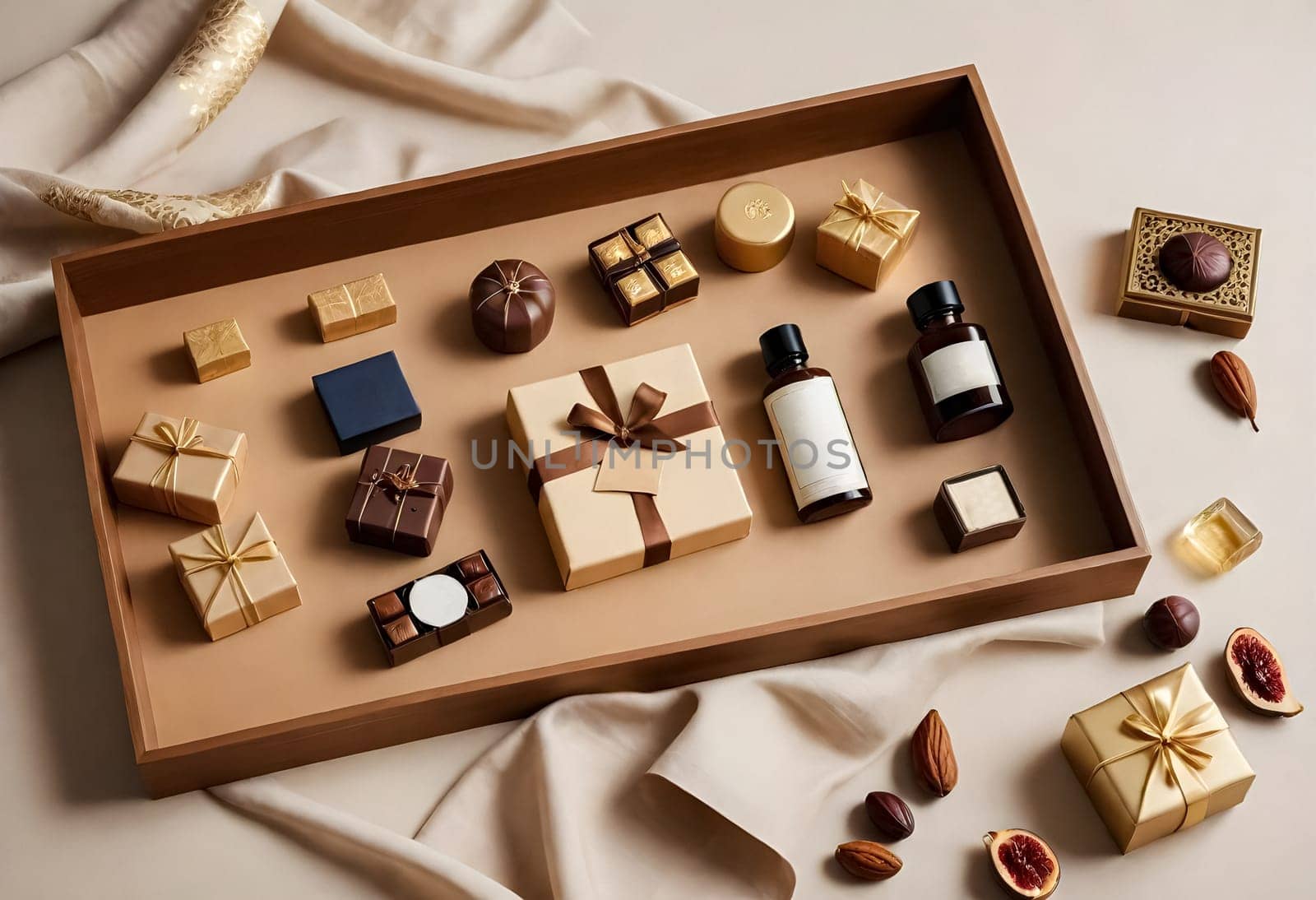 AI generated of a wooden box with some chocolates and some other items