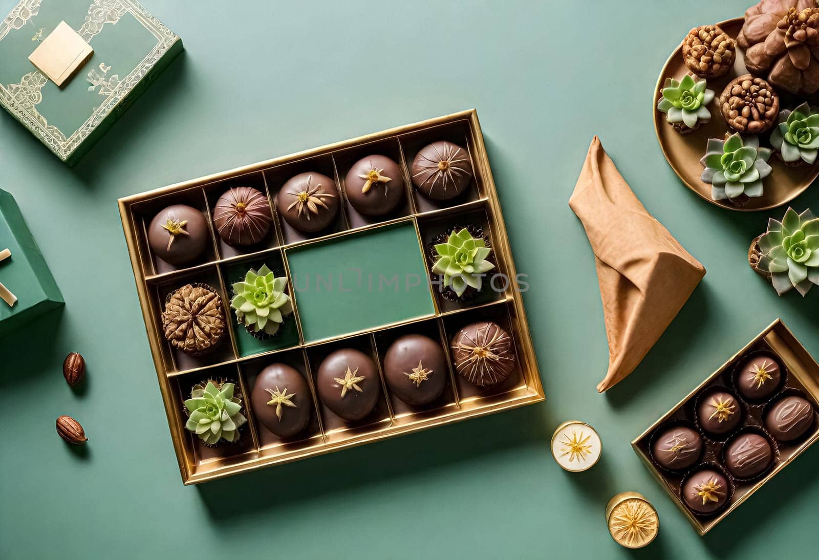 AI generated of a box with chocolates on it on green background with plants and other things